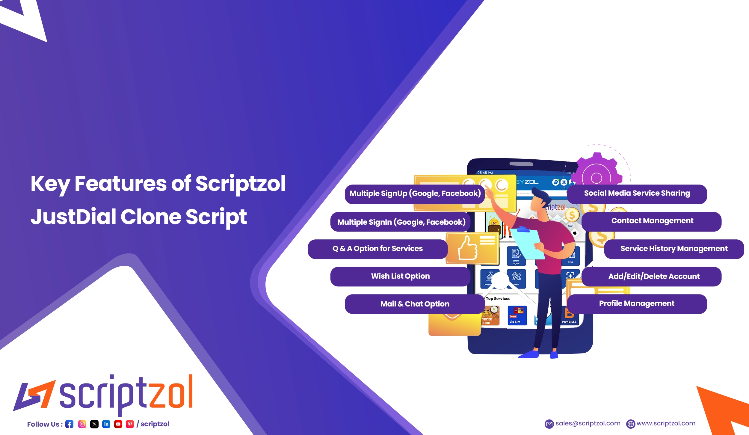Key features of Scriptzol JustDial clone script including listings, reviews, and admin panel
