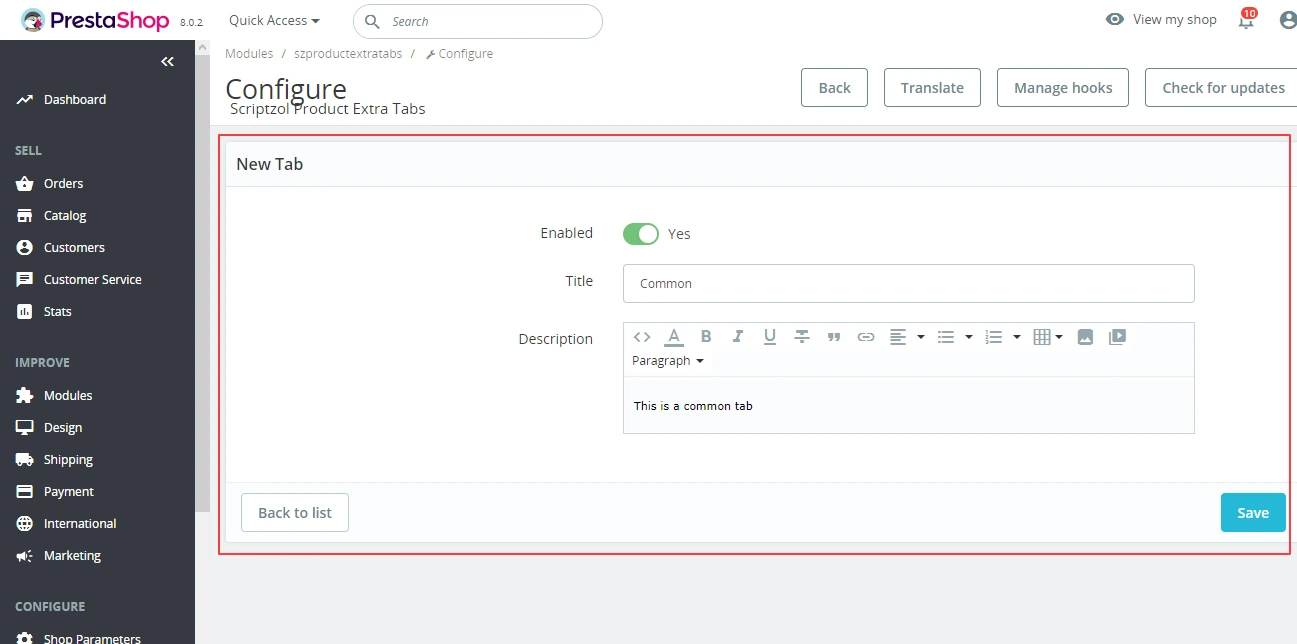 PrestaShop Product Extra Tabs Common Manage